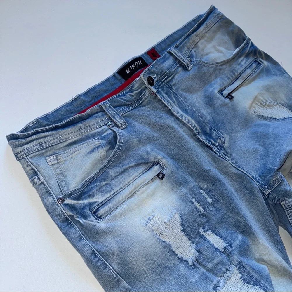 MAKOBI Prado Biker Jeans Light Wash Distressed Moto Rip & Repair Slim Fit 42x32